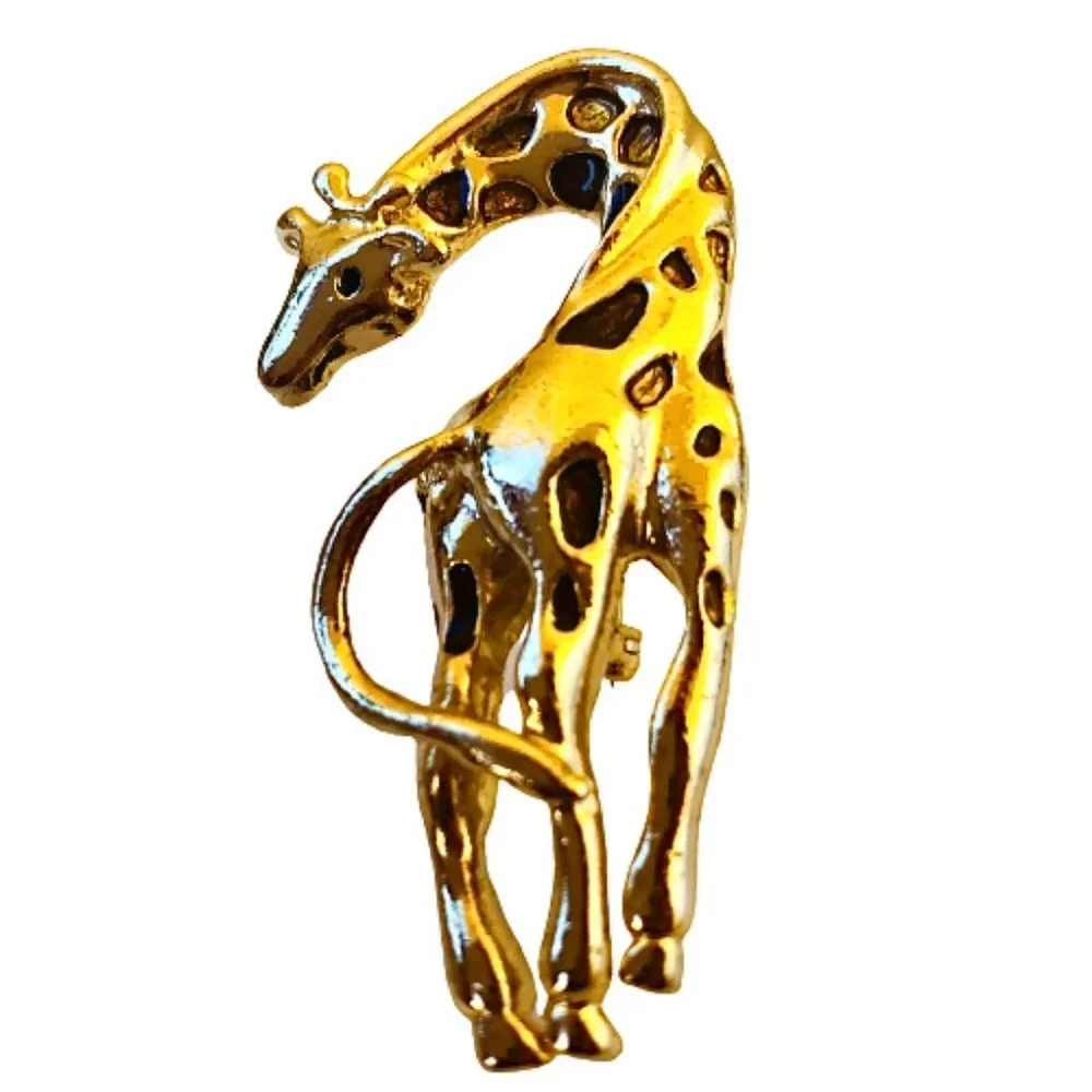 GIRAFFE Goldtone Pin Brooch with Inlaid Brown Stones Fashion Jewelry